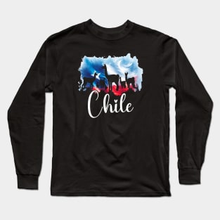 Chilean Flag and Torres Del Paine Wildlife Silhouette Watercolor Long Sleeve T-Shirt